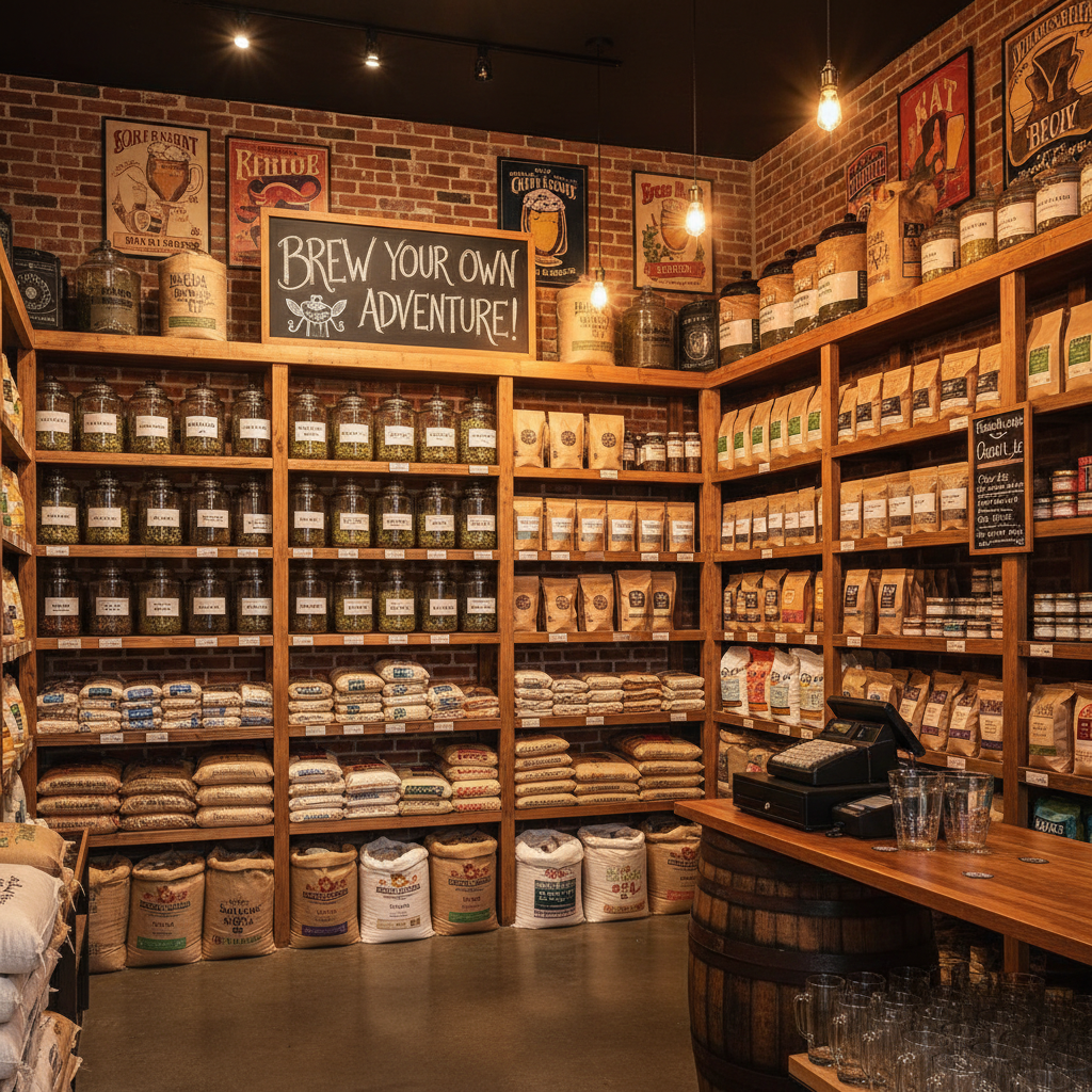 Homebrew supplies including hops, grains, and brewing equipment